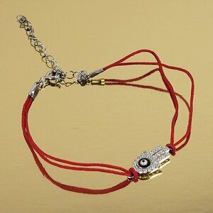 925 Sterling Silver Lab Diamond Evil Eye Hamsa Hand Cord Bracelet 7-8.5 In BZK